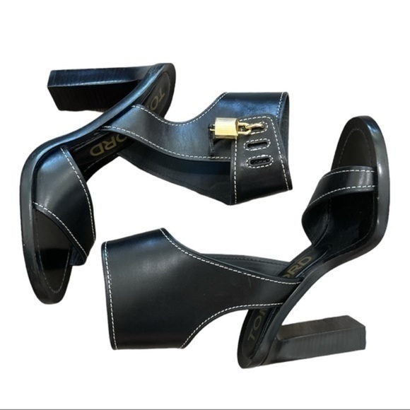 Tom Ford Black Leather Padlock Sandal Heels Size 37.5 - Picture 3 of 12